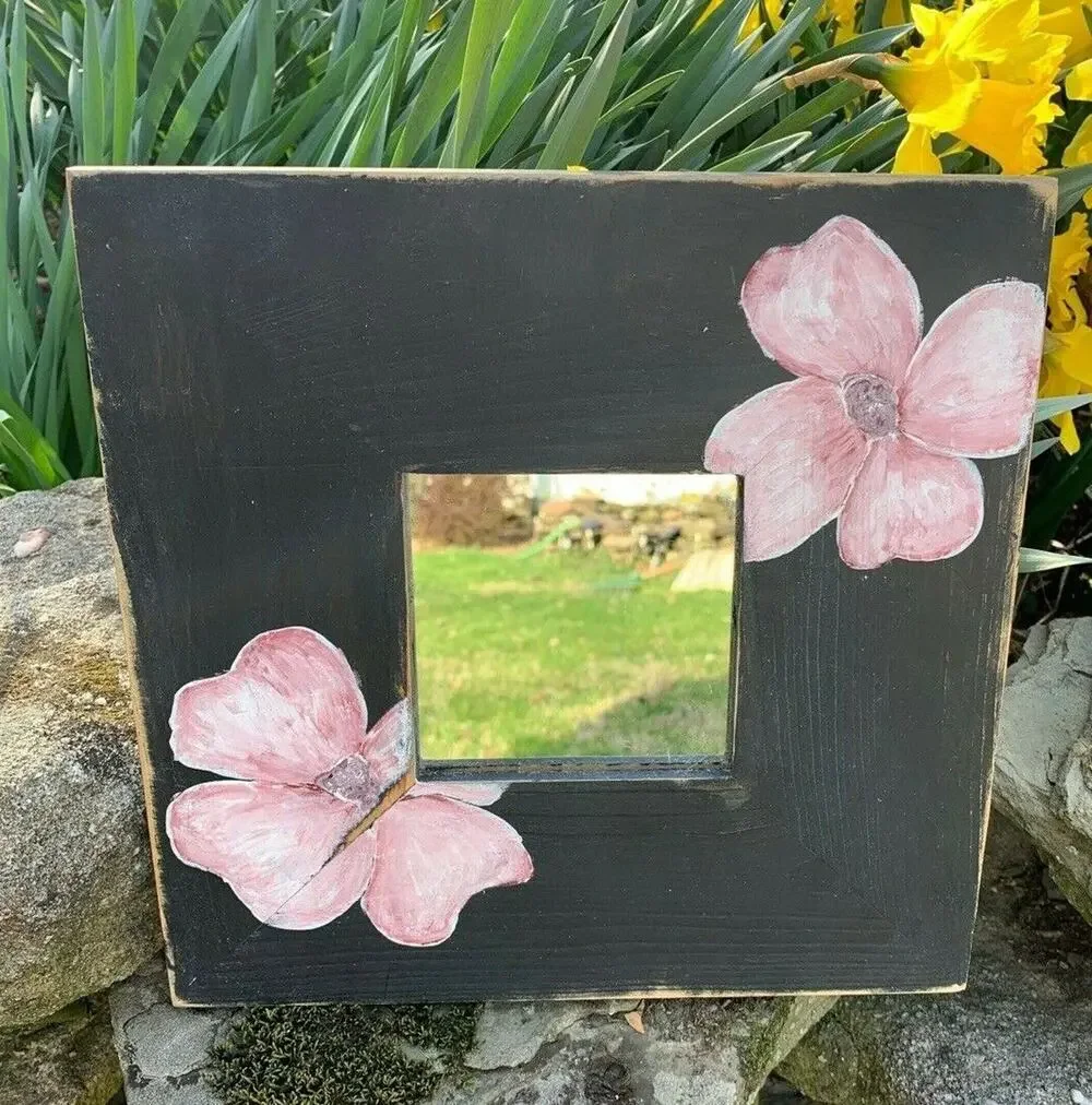 Handpainted ReFab Mirror 10 x 10 Black with Dogwood Flowers Wall Hanging